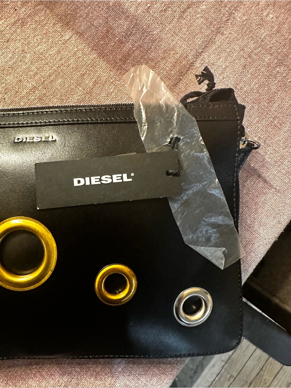 Diesel Black Leather Wristlet Clutch with Yellow and Silver Grommets